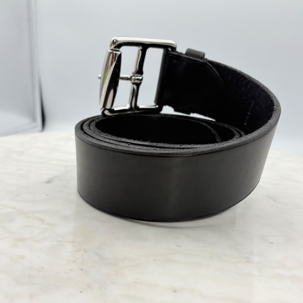 Polo Ralph Lauren Leather Belt Womens XL Black Silver Roller Buckle Classic CBK - Picture 4 of 12